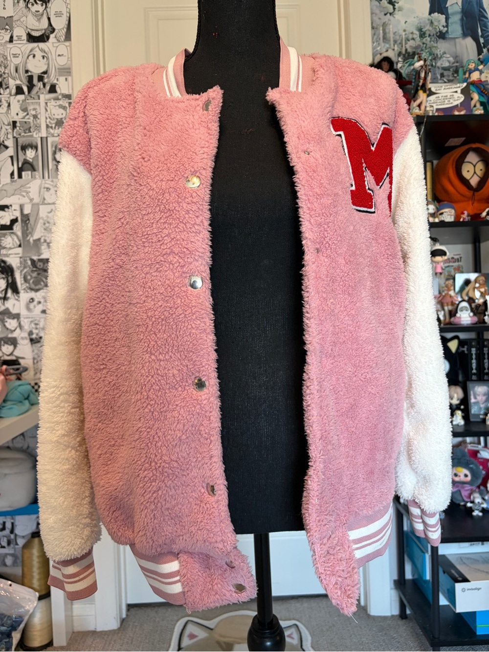 Pink Sherpa Varsity Jacket with White Sleeves